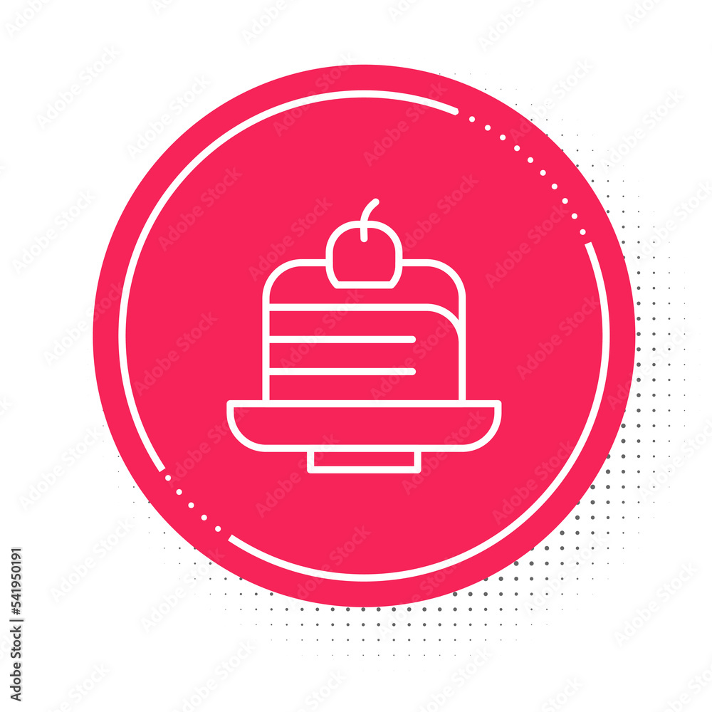 White line Piece of cake icon isolated on white background. Happy Birthday. Red circle button. Vector White line Piece of cake icon isolated on white background. Happy Birthday. Red circle button. Vector