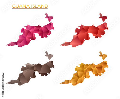 Set of vector polygonal maps of Guana Island. Bright gradient map of island in low poly style. Multicolored Guana Island map in geometric style for your infographics. Beautiful vector illustration.
