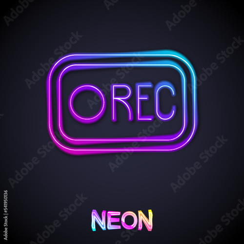 Glowing neon line Record button icon isolated on black background. Rec button. Vector