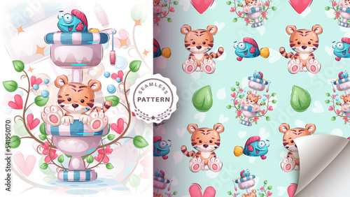 Cartoon character adorable tiger in toilet, pretty animal idea for print t-shirt, poster and kids envelope, postcard. Cute hand drawn style fish.