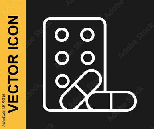 White line Sports doping, anabolic drugs with dumbbell icon isolated on black background. Anabolic steroids tablet. Pills in jar. Vector