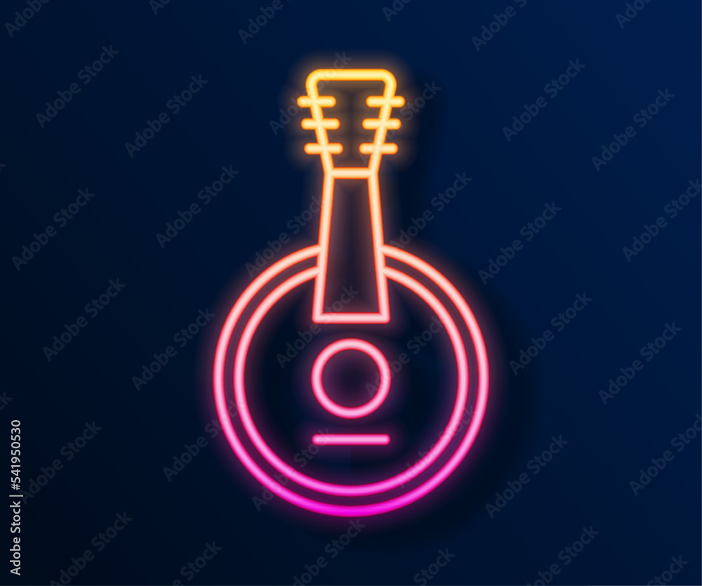 Glowing neon line Banjo icon isolated on black background. Musical instrument. Vector Glowing neon line Banjo icon isolated on black background. Musical instrument. Vector