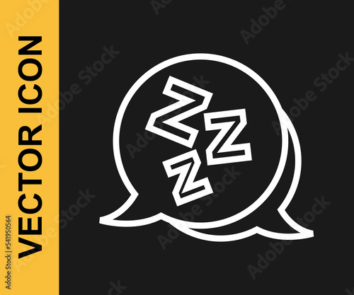 White line Sleepy icon isolated on black background. Sleepy zzz talk bubble. Vector