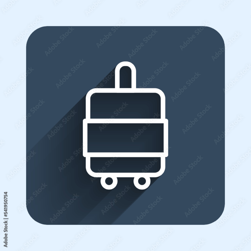 White line Suitcase for travel icon isolated with long shadow background. Traveling baggage sign. Travel luggage icon. Blue square button. Vector White line Suitcase for travel icon isolated with long shadow background. Traveling baggage sign. Travel luggage icon. Blue square button. Vector