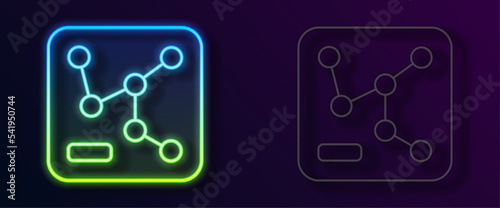 Glowing neon line Railway map icon isolated on black background. Vector