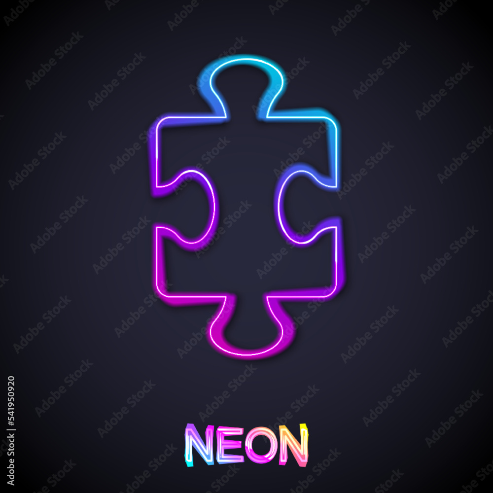 Glowing neon line Puzzle pieces toy icon isolated on black background. Vector Glowing neon line Puzzle pieces toy icon isolated on black background. Vector