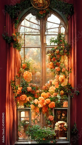 Victorian high window with beautiful flowers. © Stella