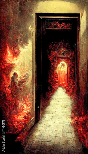 A fiery corridor with a door at the end.