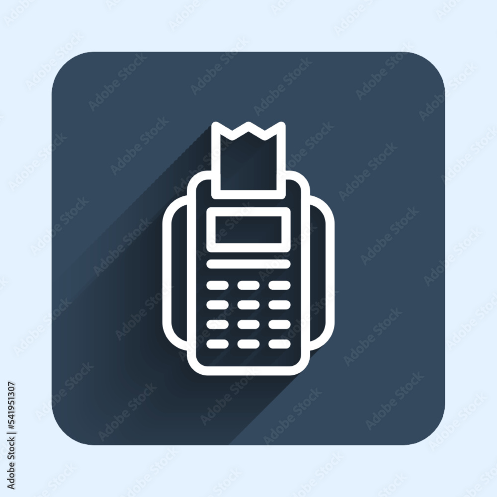 White line POS terminal with inserted credit card and printed reciept icon isolated with long shadow background. NFC payment concept. Blue square button. Vector White line POS terminal with inserted credit card and printed reciept icon isolated with long shadow background. NFC payment concept. Blue square button. Vector