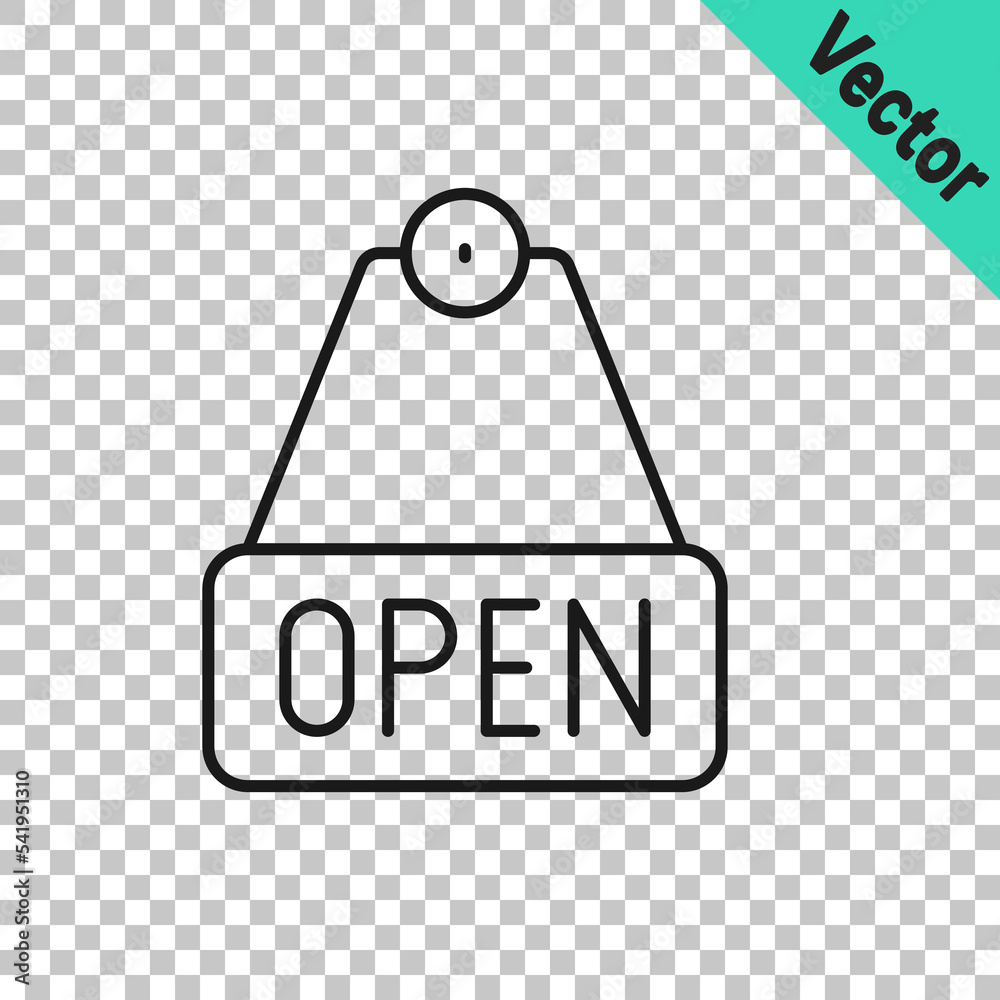 Black line Hanging sign with text Open door icon isolated on transparent background. Vector Black line Hanging sign with text Open door icon isolated on transparent background. Vector