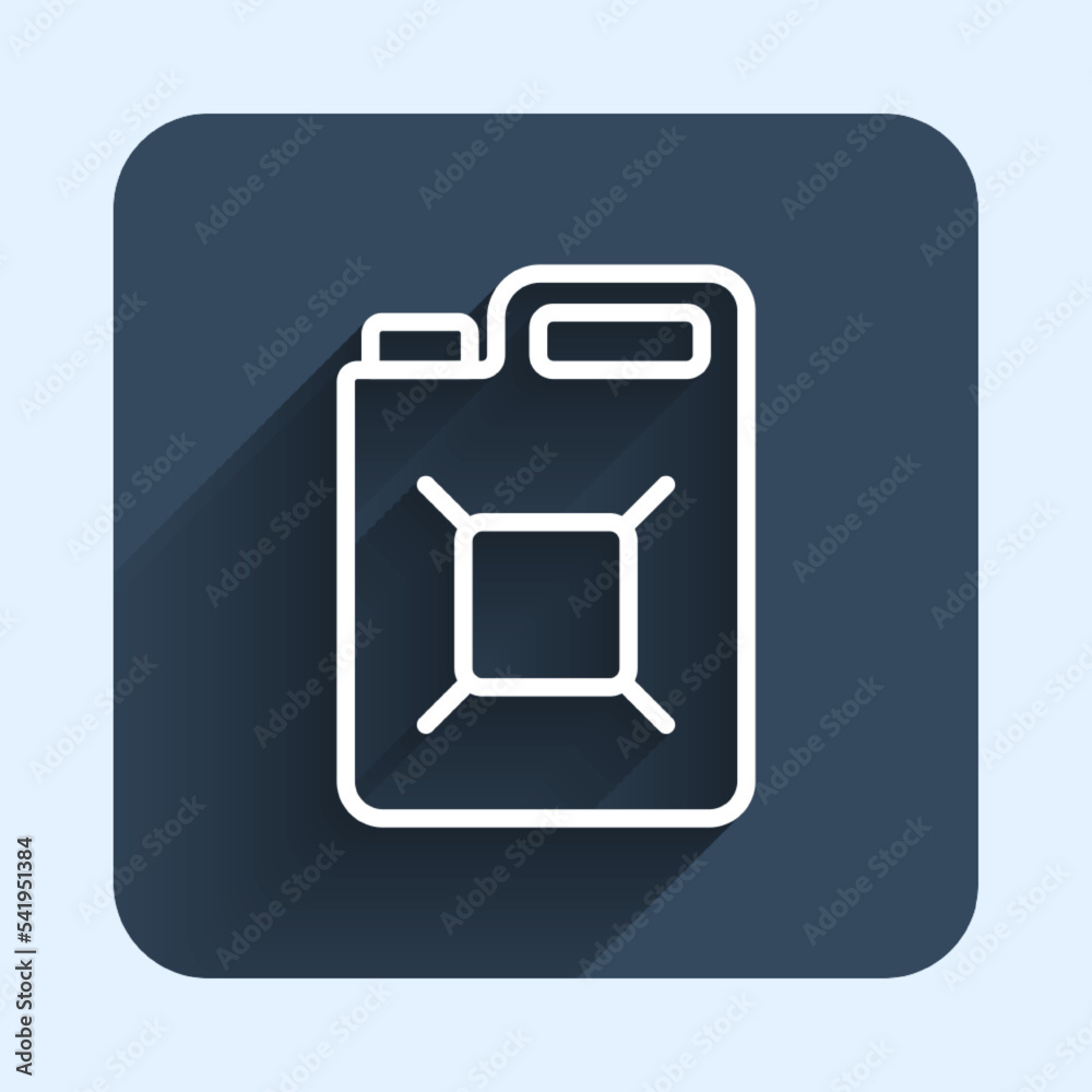 White line Canister for gasoline icon isolated with long shadow background. Diesel gas icon. Blue square button. Vector White line Canister for gasoline icon isolated with long shadow background. Diesel gas icon. Blue square button. Vector