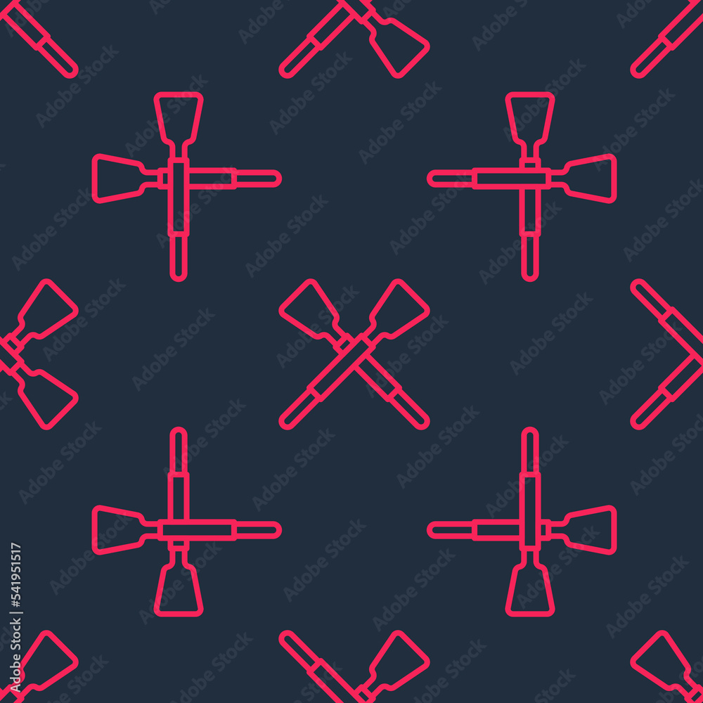 Obraz premium Red line Crossed oars or paddles boat icon isolated seamless pattern on black background. Vector