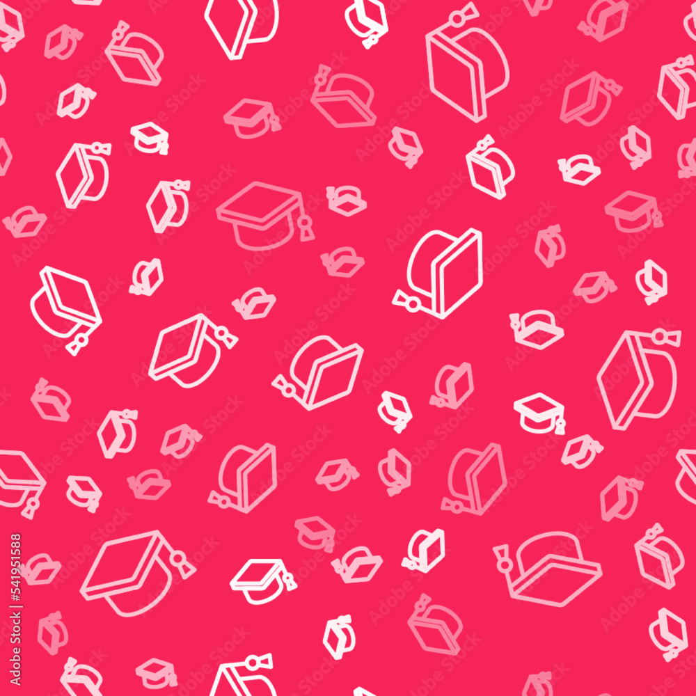 White line Graduation cap icon isolated seamless pattern on red background. Graduation hat with tassel icon. Vector White line Graduation cap icon isolated seamless pattern on red background. Graduation hat with tassel icon. Vector