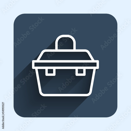 White line Case or box container for wobbler and gear fishing equipment icon isolated with long shadow background. Fishing tackle. Blue square button. Vector