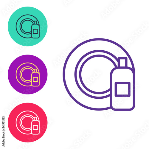 Set line Dishwashing liquid bottle and plate icon isolated on white background. Liquid detergent for washing dishes. Set icons colorful. Vector