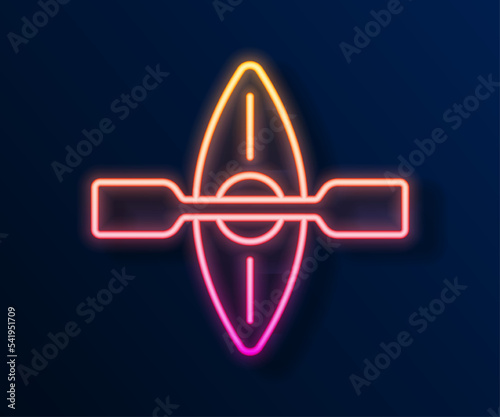 Glowing neon line Kayak and paddle icon isolated on black background. Kayak and canoe for fishing and tourism. Outdoor activities. Vector