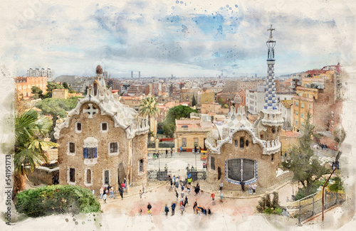 Park Guell designed by Antoni Gaudi in Barcelona, Spain in watercolor illustration style