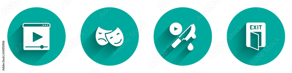 Set Online play video, Comedy and tragedy masks, Thriller movie and Fire exit icon with long shadow. Vector Set Online play video, Comedy and tragedy masks, Thriller movie and Fire exit icon with long shadow. Vector