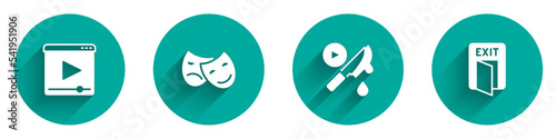 Set Online play video, Comedy and tragedy masks, Thriller movie and Fire exit icon with long shadow. Vector