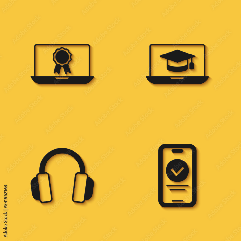 Set Online education with diploma, quiz, test, survey, Headphones and Graduation cap laptop icon with long shadow. Vector Set Online education with diploma, quiz, test, survey, Headphones and Graduation cap laptop icon with long shadow. Vector