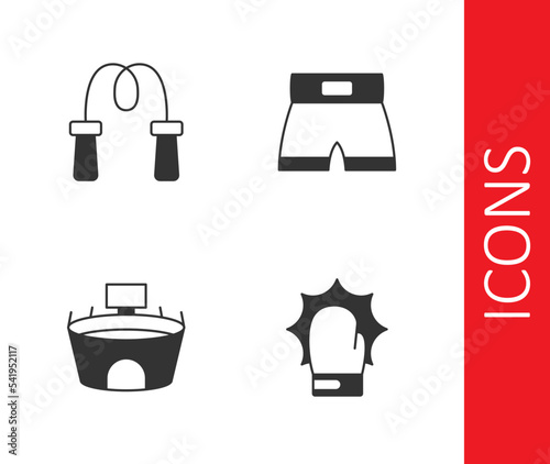 Set Punch in boxing gloves, Jump rope, Stadium and Boxing short icon. Vector