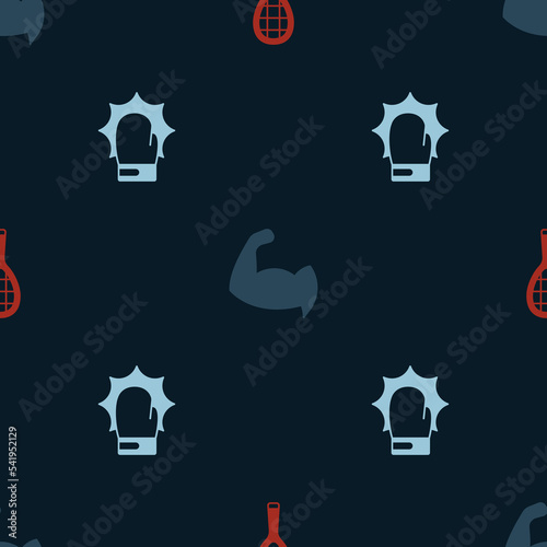 Set Tennis racket, Bodybuilder showing his muscles and Punch boxing gloves on seamless pattern. Vector