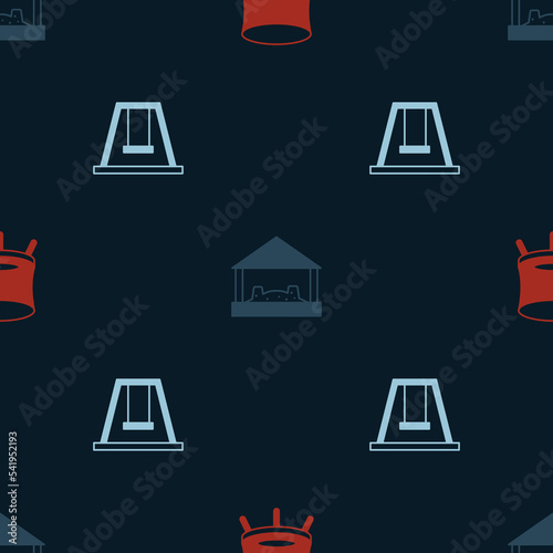 Set Jumping trampoline, Sandbox with sand and Swing for kids on seamless pattern. Vector