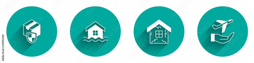 Set Delivery security with shield, House flood, and Plane in hand icon with long shadow. Vector Set Delivery security with shield, House flood, and Plane in hand icon with long shadow. Vector
