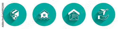 Set Delivery security with shield, House flood, and Plane in hand icon with long shadow. Vector