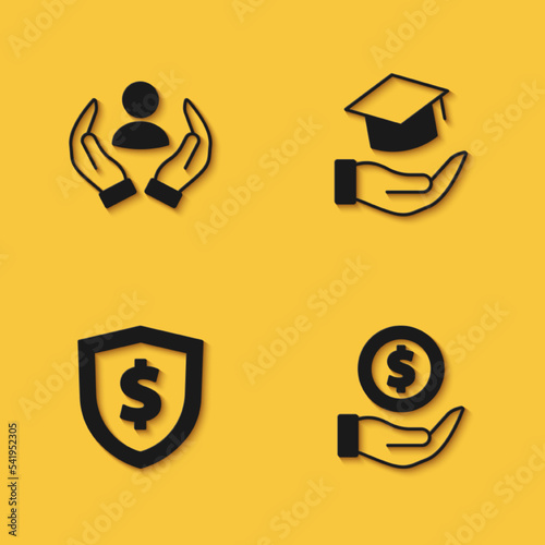 Set Life insurance, Money with shield, Shield dollar and Education grant icon with long shadow. Vector