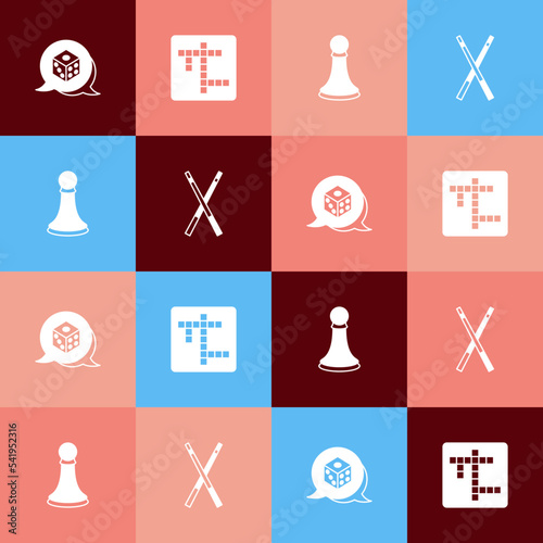 Set pop art Game dice, Crossword, Chess pawn and Crossed billiard cues icon. Vector