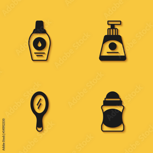 Set Bottle of shampoo, Deodorant roll, Hand mirror and Cream lotion cosmetic tube icon with long shadow. Vector