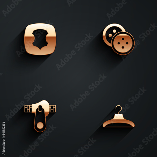 Set Leather, Sewing button for clothes, Zipper and Hanger wardrobe icon with long shadow. Vector