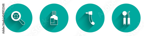 Set Dental search, Mouthwash, Tooth drill and mirror and probe icon with long shadow. Vector