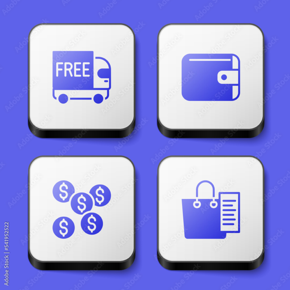 Set Free delivery service, Wallet, Dollar symbol and Shopping list icon. White square button. Vector Set Free delivery service, Wallet, Dollar symbol and Shopping list icon. White square button. Vector