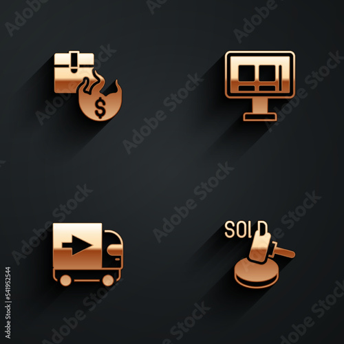 Set Hot price, Online shopping on screen, Delivery cargo truck and Auction hammer icon with long shadow. Vector