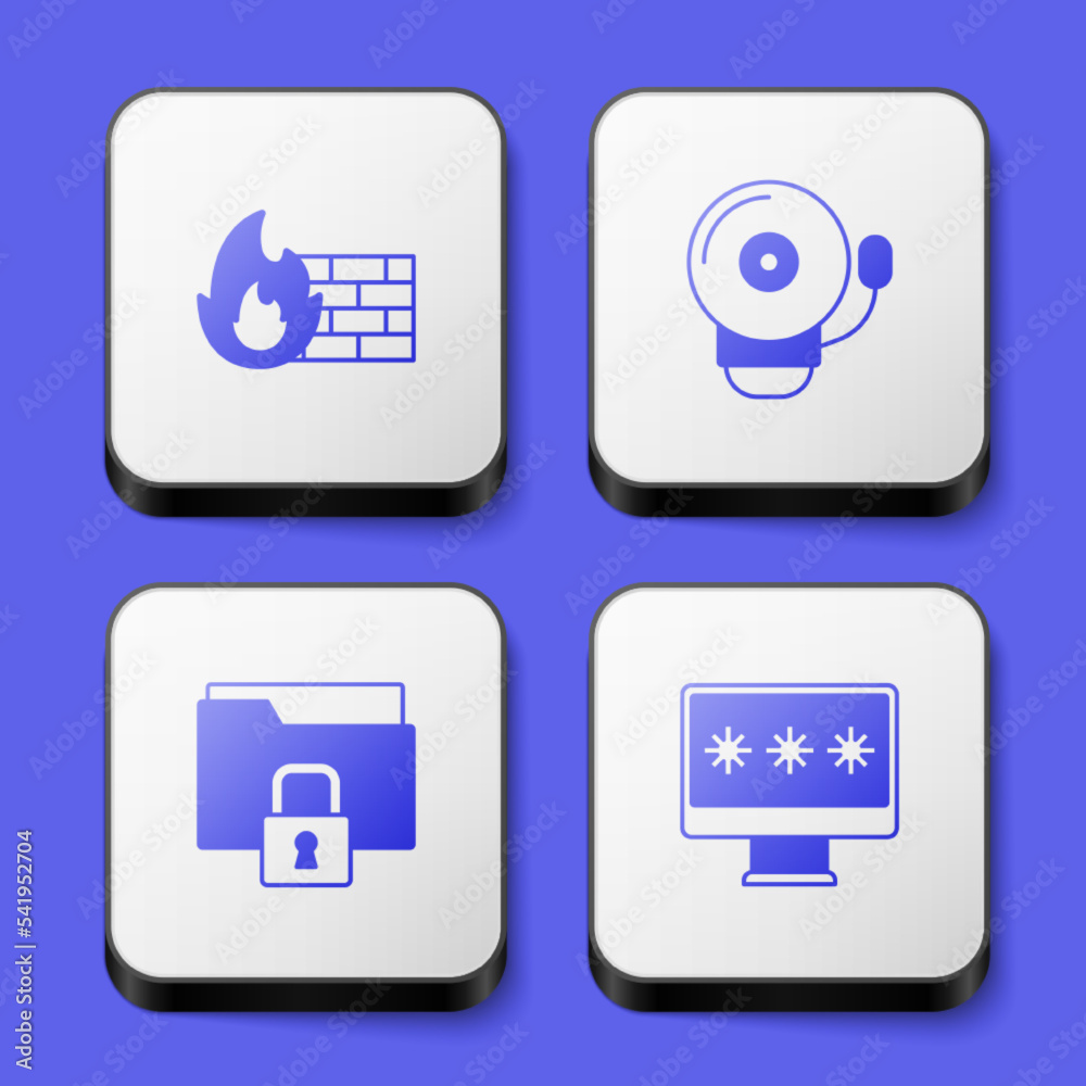 Set Firewall, security wall, Ringing alarm bell, Folder and lock and Monitor with password icon. White square button. Vector Set Firewall, security wall, Ringing alarm bell, Folder and lock and Monitor with password icon. White square button. Vector