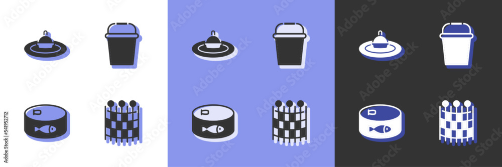 Set Fishing net pattern, float water, Canned fish and bucket icon. Vector