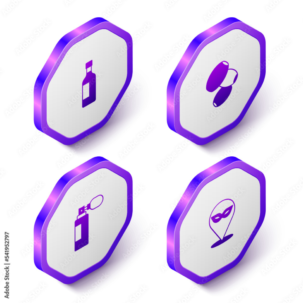 Set Isometric Bottle of wine, Olives, Perfume and Carnival mask icon. Purple hexagon button. Vector Set Isometric Bottle of wine, Olives, Perfume and Carnival mask icon. Purple hexagon button. Vector