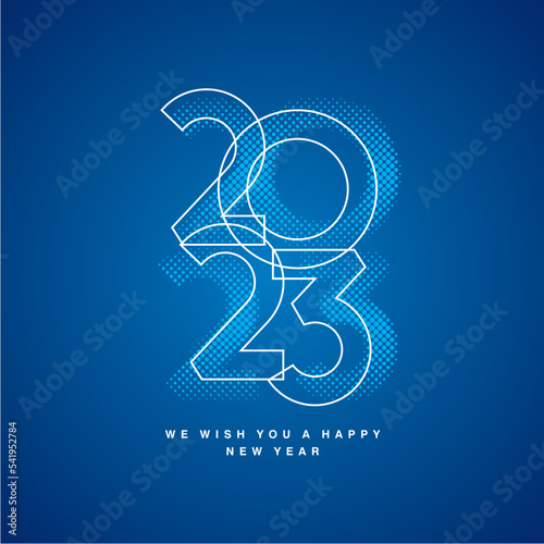 Happy New Year 2023 modern design light shining line design typography with color dotted halftone 2023 numbers logo icon on blue background