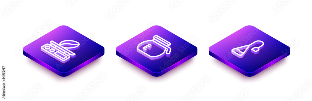 Set Isometric line Electronic coffee scales, Coffee pot and Tea bag icon. Vector Set Isometric line Electronic coffee scales, Coffee pot and Tea bag icon. Vector