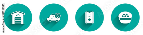 Set Garage for taxi car, Taximeter device, mobile app and driver cap icon with long shadow. Vector