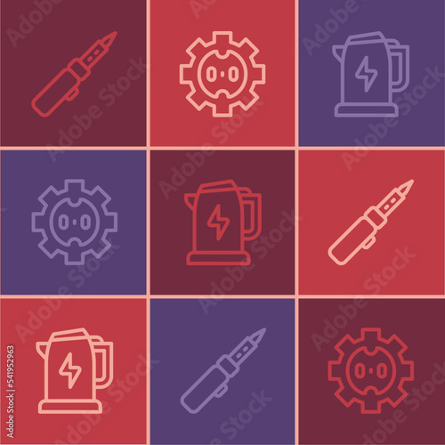 Set line Soldering iron, Electric kettle and Electrical outlet icon. Vector