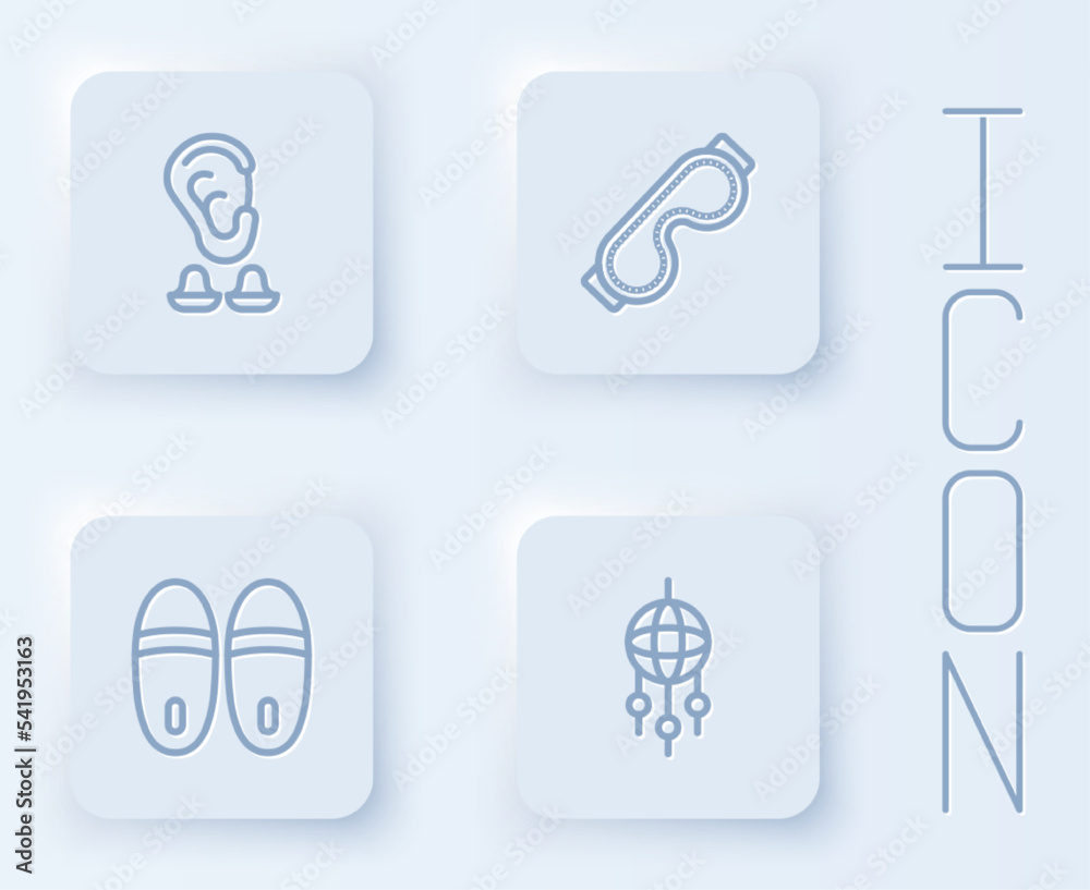 Set line Earplugs and ear, Eye sleep mask, Slippers and Dream catcher with feathers. White square button. Vector Set line Earplugs and ear, Eye sleep mask, Slippers and Dream catcher with feathers. White square button. Vector