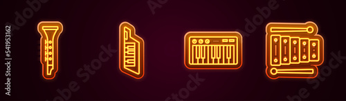 Set line Clarinet, Keytar, Music synthesizer and Xylophone. Glowing neon icon. Vector