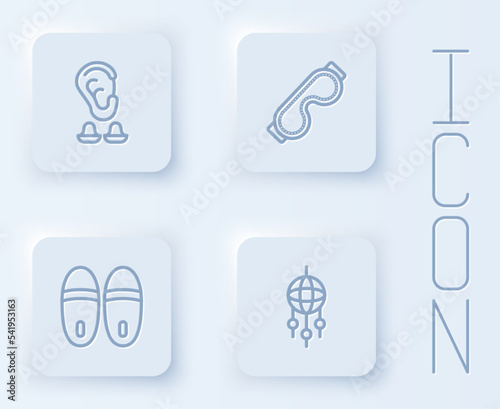 Set line Earplugs and ear, Eye sleep mask, Slippers and Dream catcher with feathers. White square button. Vector