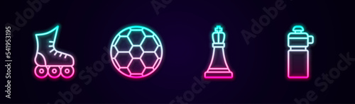 Set line Roller skate, Soccer football ball, Chess and Fitness shaker. Glowing neon icon. Vector
