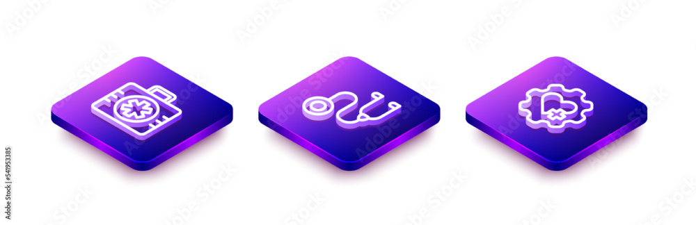 Set Isometric line First aid kit, Stethoscope and Heart with cross icon. Vector Set Isometric line First aid kit, Stethoscope and Heart with cross icon. Vector