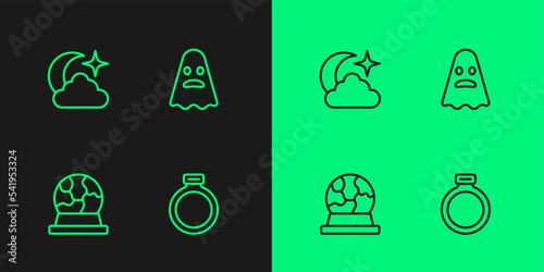 Set line Magic stone ring, ball, Moon and stars and Ghost icon. Vector