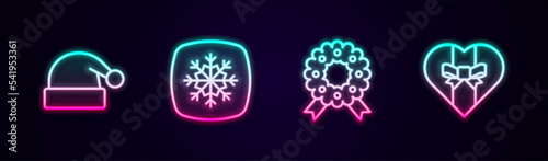 Set line Christmas Santa Claus hat, Snowflake, wreath and Gift box. Glowing neon icon. Vector